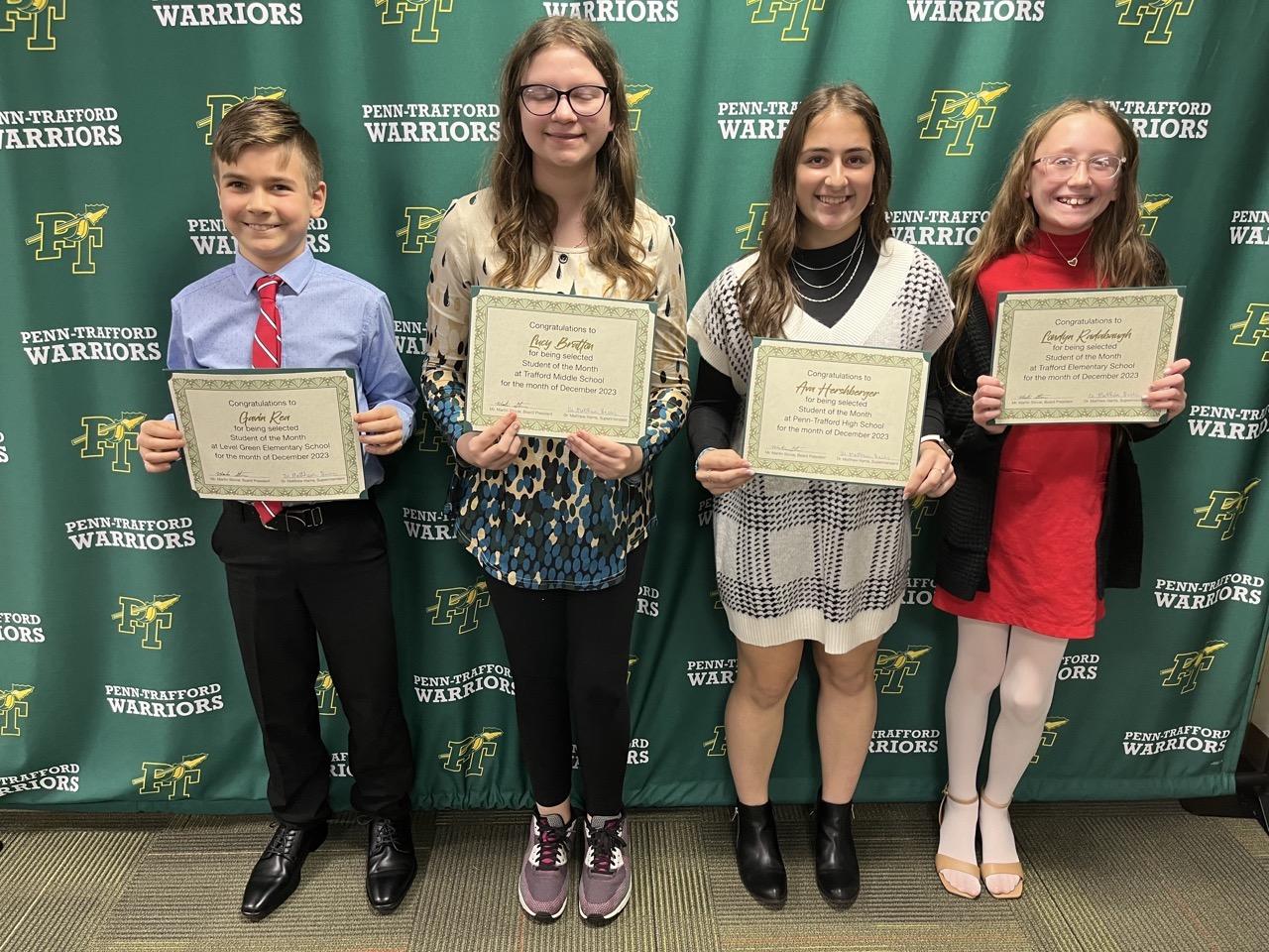 December Students of the Month Gavin Rea, Lucy Bratton, Ava Hershberger, and Londyn Radabaugh